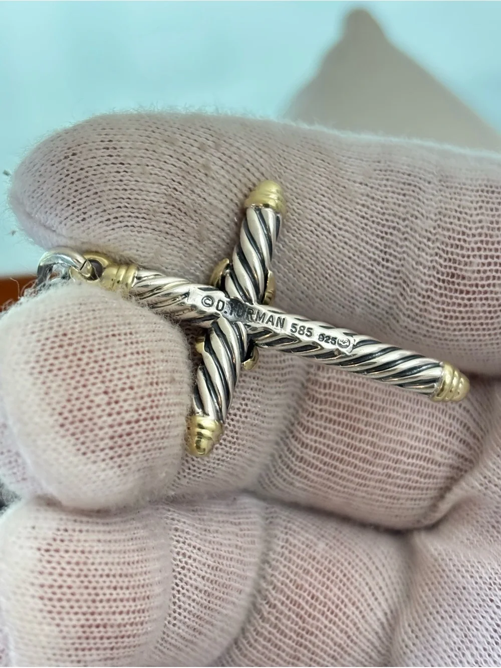 David Yurman 925 & 14k Gold Unisex Cable Cross Pendant Necklace 18